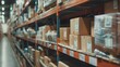 Organized warehouse shelving with labeled packages ready for dispatch, efficient sorting system in a distribution center
