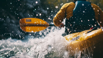 Wall Mural - Man in kayak with paddle. Back view. Splashes of water of mountain river. Extreme kayak sport concept. Generative AI