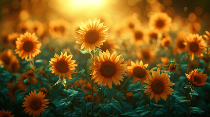 Wall Mural - texture of a field of sunflowers following the suns movements their bright yellow heads bobbing in s