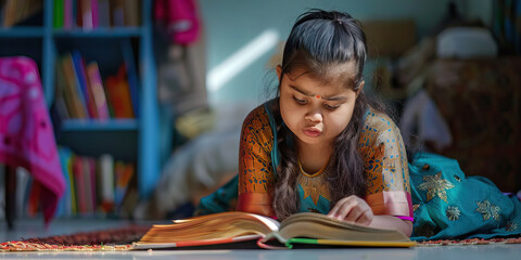 Indian girl with Down syndrome reading a book in her room. Learning Disability