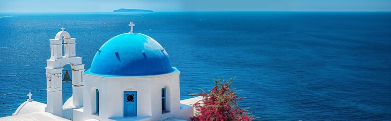 Wall Mural - Traditional church in blue and white in a Greek island, Greece. Empty space