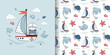 Children's seamless pattern with a funny sailor kitten and a boat. Vector design for baby bedding, fabric, wallpaper, wrapping paper and more.