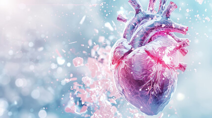 Wall Mural - Light pink 3d futuristic human heart model, cardiology health care concept. Scientific template. Generative AI