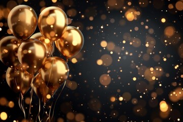 Wall Mural - gold balloons on black bokeh background
