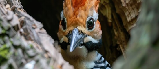 Poster - A close up view of an intriguing Eurasian Hoopoe bird perched on a branch in a tree, actively feeding. The birds distinctive plumage and long, curved bill are clearly visible.