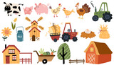 Fototapeta Pokój dzieciecy - Farm elements set. Collection farm animals, Agricultural machinery, mill, pickup, barn, tractor. Agriculture and agricultural. Vector illustration.