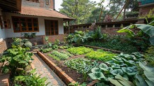 A Small Vegetable Garden In Front Of A House With Lots Of Vegetables And A Big Space For Text Or Products, Generative AI.