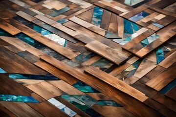 Wall Mural - A close-up of a reclaimed wood desk with a mosaic-like abstract design, offering an artistic space for text.