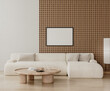Horizontal frame mock up in modern living room interior with wooden wall panel and white sofa, 3d render