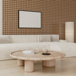 Horizontal frame mock up in modern living room interior with wooden wall panel and white sofa, 3d render