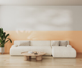 Wall Mural - modern living room interior with white and peach fuzz wall, big white sofa with table, 3d render