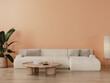 living room interior with  peach fuzz wall, big white sofa with table and decor, 3d render
