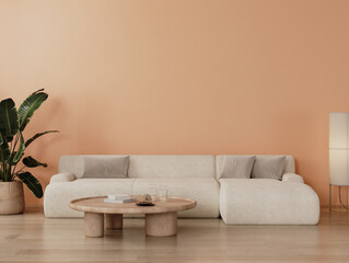 Wall Mural - living room interior with peach fuzz wall, big white sofa with table and decor, 3d render