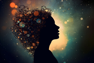Wall Mural - State of mind concept. Dark woman silhouette in black sky with stars background. Stargazing. Woman black silhouette in colorful cosmos background