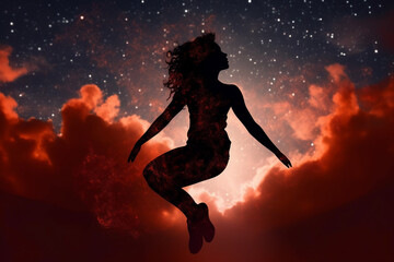 Wall Mural - State of mind concept. Dark woman silhouette in black sky with stars background. Stargazing. Woman black silhouette in colorful cosmos background