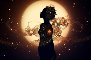 Wall Mural - State of mind concept. Dark woman silhouette in black sky with stars background. Stargazing. Woman black silhouette in colorful cosmos background