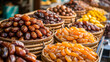 Fresh organic and various sweet dried date fruits.