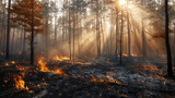 Fototapeta Na ścianę - Wild forest fire. Burned trees after forest fires, lots of smoke. Natural disasters concept. Generative AI