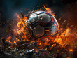 Abstract Soccer ball on fire surrounded by burning rubble and debris and sparks flying.