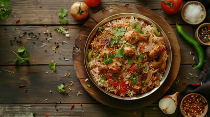Poster - top view chicken biryani with onions, tomatoes, green pepper in table. ramadan food