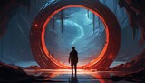 Fototapeta  - sci-fi concept showing a man standing at the futuristic portal