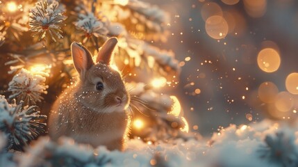 Wall Mural - miniature bunny Santa, wintry landscape, Christmas tree shimmer, soft snowfall, AI Generative