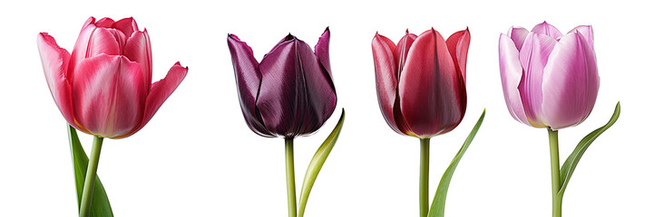 Wall Mural - set of four Wonderful Tulips (Lily family, Liliaceae) isolated on transparent background, including clipping path. 