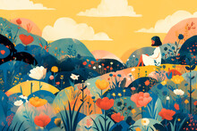 Illustration of a woman sitting on a hill in a field full of flowers