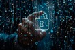 © AiHRG Design - The image shows a hand pressing on a futuristic hologram of a security lock against a digital background