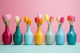 Fototapeta Lawenda - Variety of colorful tulips in different vases on table with vibrant and lively color palette