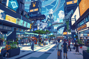 Wall Mural - A futuristic city with a sign