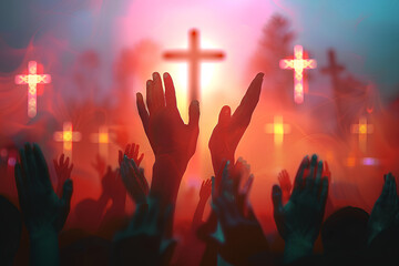 Wall Mural - The concept of worship of God. People raised their hands in front of the cross.