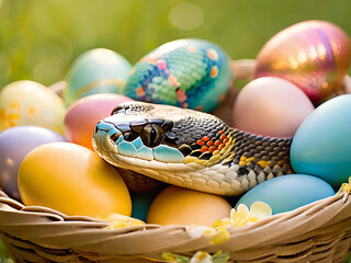 cute easter snake in an easter basket full of colourful easter eggs, easter reptile animal, vibrant, springtime joy, spring holiday, festive easter surprise