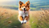 Fototapeta Konie - Dog jumping in the air, small orange fluffy dog on isolated backgroun, animals, pet, hungry, playing, puppy wanting food, puppy.