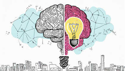 Left right human brain concept, textured illustration. Creative left and right part of human brain, emotial and logic parts concept with social and business doodle illustration of left side, and art