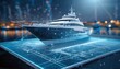 Futuristic holographic outline model of a yacht. Cold tone wireframe of a boat. Polygonal model