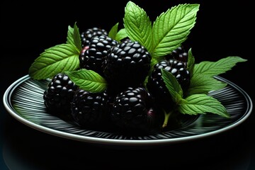 Poster - a plate of blackberries and leaves