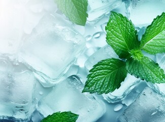 Wall Mural - ice cubes and leaves with ice