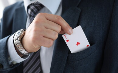 Poster - Man suit takes an ace card from his jacket pocket. One-sided advantage and benefit. Technique or manipulation trick. Demonstration bait. Manual control with levers, manipulator mechanisms