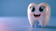 A tooth with eyes and a smile on a blue background with a place for text