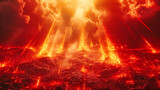 Fototapeta Przestrzenne - Fiery Orange and Red Smoke, Volcanic Eruption Concept, Danger and Natural Disaster, Hot Lava Flow Background