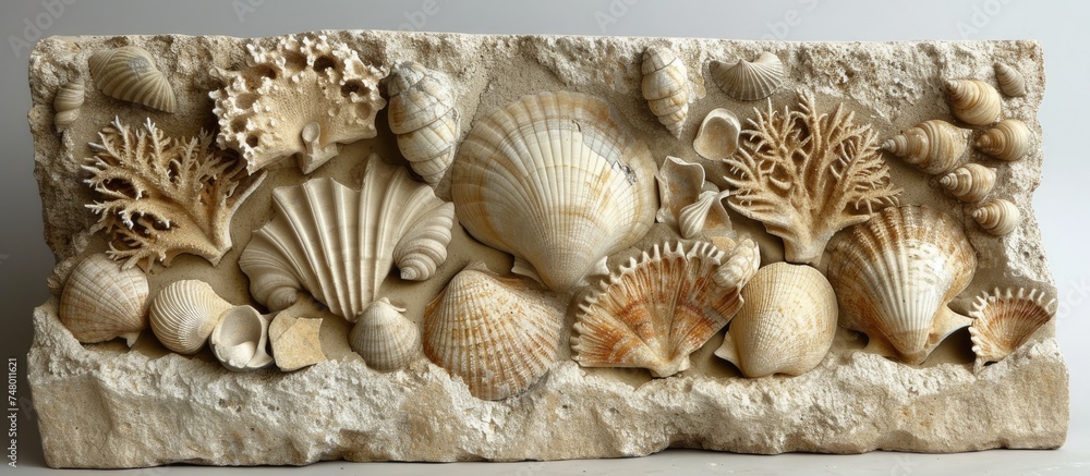 Natural Rocks And Shells A collection of seashells arranged neatly on a rocky surface ...