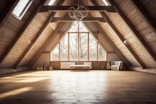 empty attic with exposed wooden beams and a large window that lets in plenty of natural light. The unfinished wood gives the space a warm and rustic feel, while the large window offers stunning views