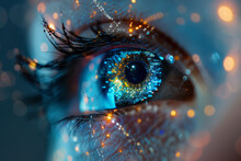 A Close Up Of A Woman's Eye With A Blue And Orange Glow