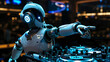 Futuristic robot DJ pointing and playing music.