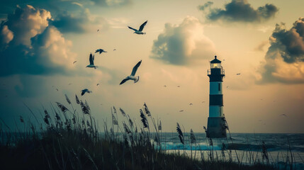 Sticker - Lighthouse amidst flying birds at twilight - Tranquil seaside scenery featuring a lighthouse with birds in flight at dusk, evoking peace and freedom