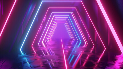 Wall Mural - Neon tunnel with geometric shapes and reflections - This image captures a futuristic neon-lit tunnel with a reflection on the water surface, resembling an infinity illusion