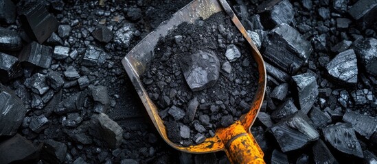 A metal shovel lies on top of a mound of coal, ready to be used for digging or transferring the fuel. The coal pile is dark and dusty, contrasting with the bright metal shovel.