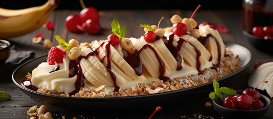 Sticker - A delicious banana split dessert topped with cherries and whipped cream, creating a tempting and indulgent treat.