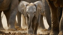 Baby African Elephant Under The Protection Of The Adults In The Herd